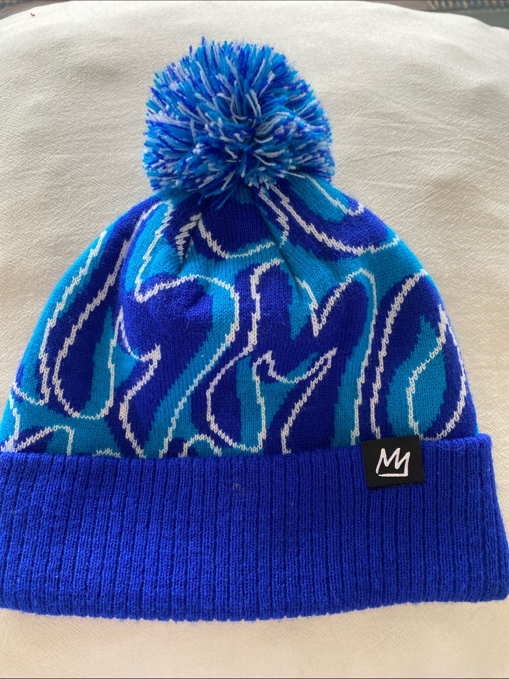 Blue Patterned Pom Beanie